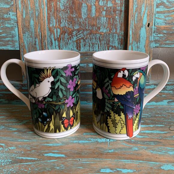 Dunoon Mugs Set Burma Parrots Ruth Boden Scotland Coffee Cups Tropical Birds - Picture 1 of 9